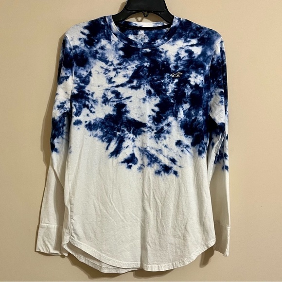 HOLLISTER Dark Blue/White Tie Dye Long Sleeve Curved Hem Tee 100% Cotton Size XS - Picture 2 of 12
